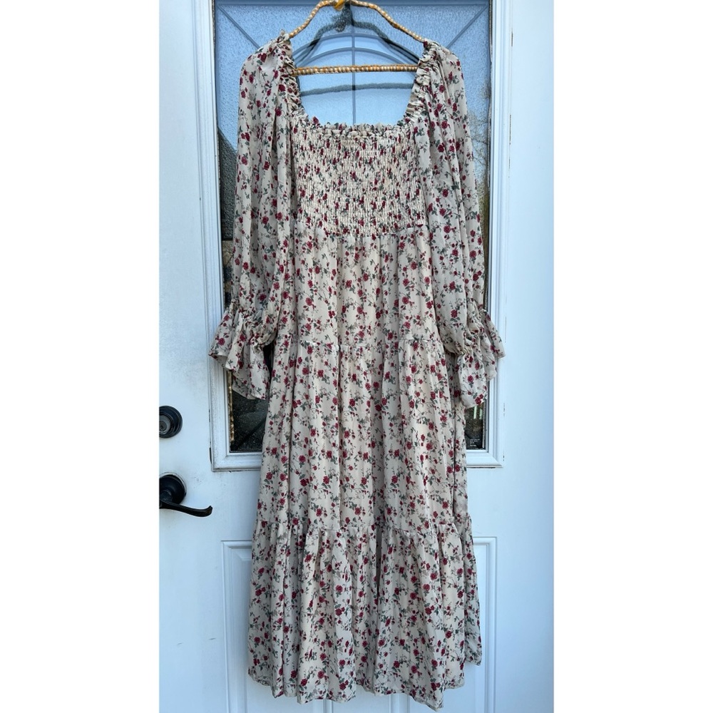 &merci Cream Floral Smocked Cottagecore Dress